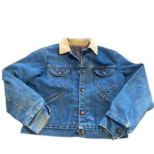 Vintage 70s Wrangler Blanket Lined Denim Jean Jacket Corduroy Collar Light Wash